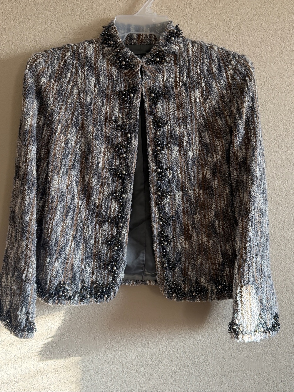 Lafayette 148 New York Beaded Tweed Wool Silk Jacket Grey Size 12